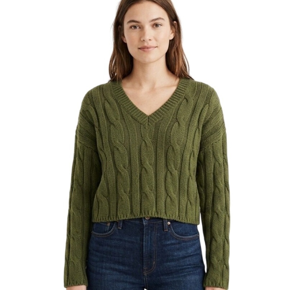 Madewell Cable Knit Sweater Womens XS Olive Green V-Neck Cropped Cotton Blend